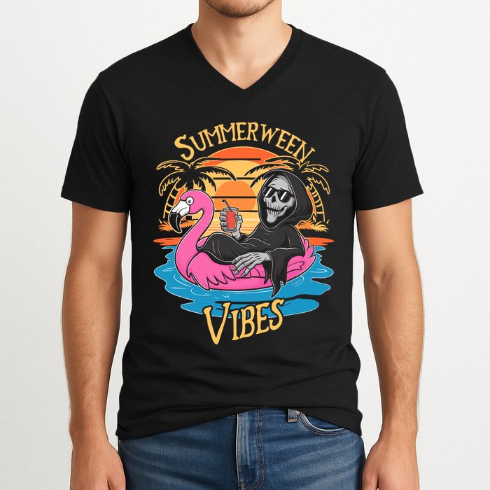 Summerween Vibes Skeleton Flamingo Spooky Halloween Summer V-Neck T-Shirt