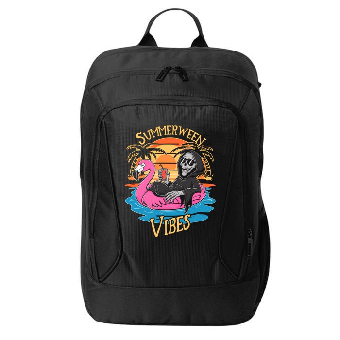 Summerween Vibes Skeleton Flamingo Spooky Halloween Summer City Backpack