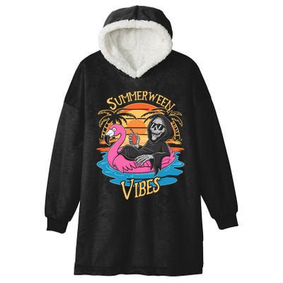 Summerween Vibes Skeleton Flamingo Spooky Halloween Summer Hooded Wearable Blanket
