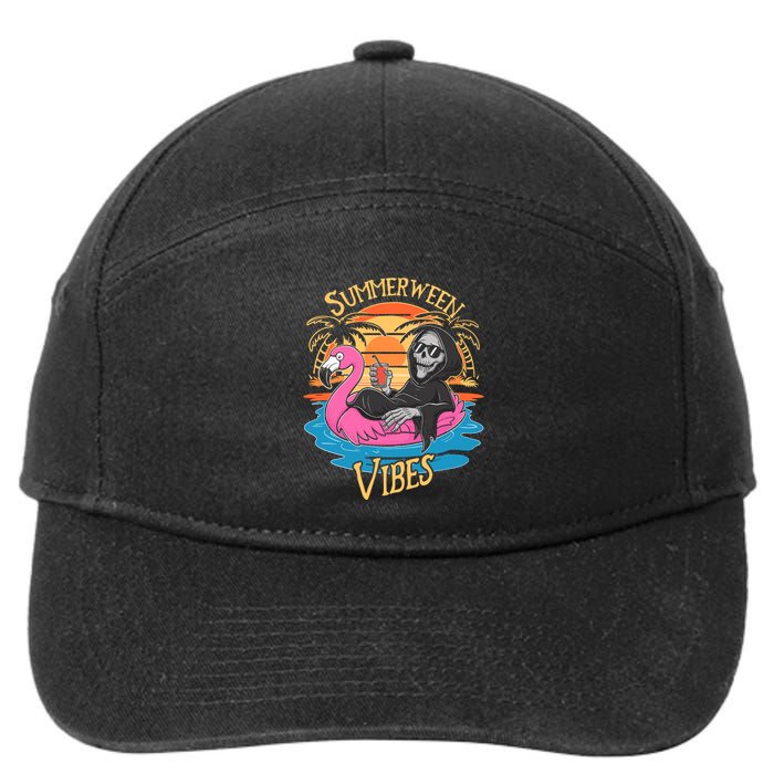 Summerween Vibes Skeleton Flamingo Spooky Halloween Summer 7-Panel Snapback Hat