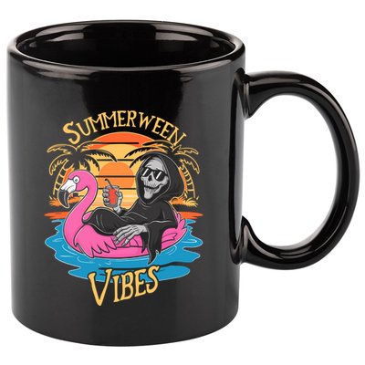 Summerween Vibes Skeleton Flamingo Spooky Halloween Summer 11oz C Handle Ceramic Mug