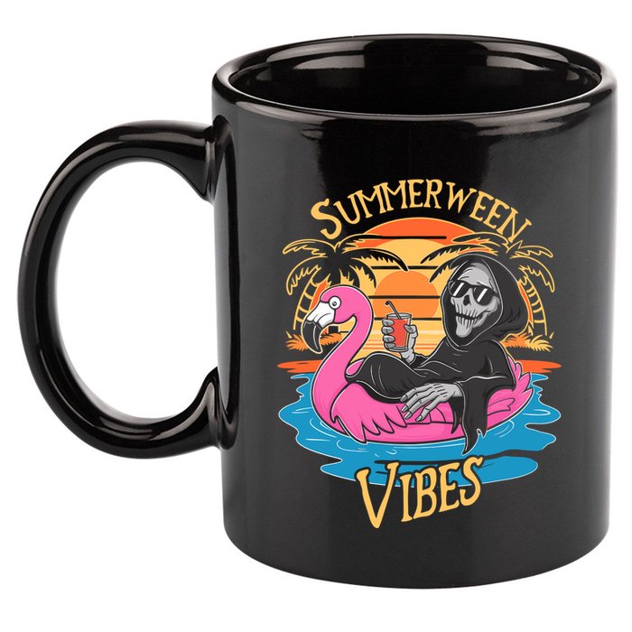 Summerween Vibes Skeleton Flamingo Spooky Halloween Summer 11oz C Handle Ceramic Mug