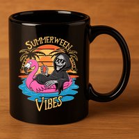 Summerween Vibes Skeleton Flamingo Spooky Halloween Summer 11oz C Handle Ceramic Mug