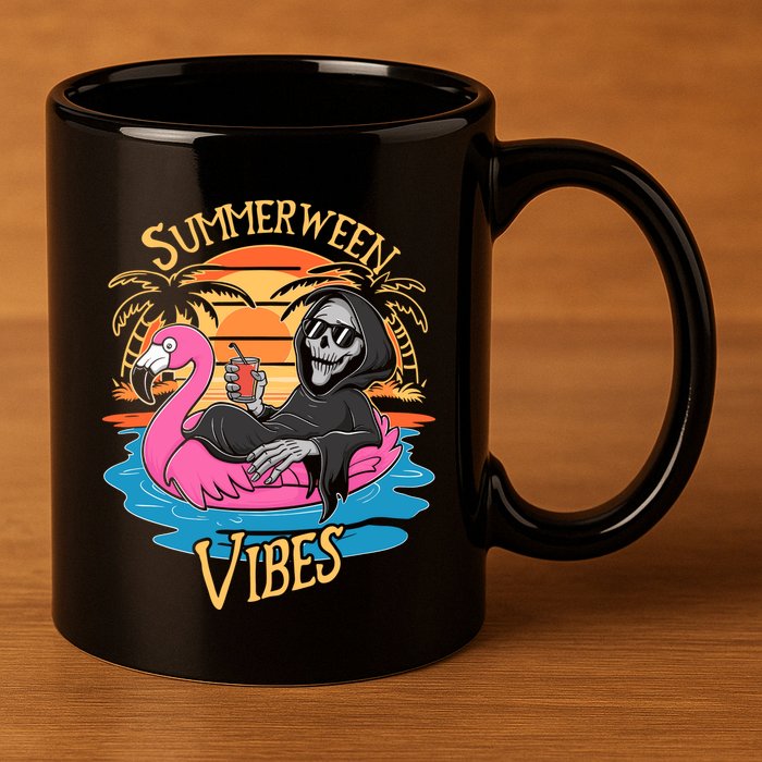 Summerween Vibes Skeleton Flamingo Spooky Halloween Summer 11oz C Handle Ceramic Mug