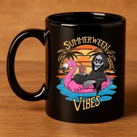 Summerween Vibes Skeleton Flamingo Spooky Halloween Summer 11oz C Handle Ceramic Mug