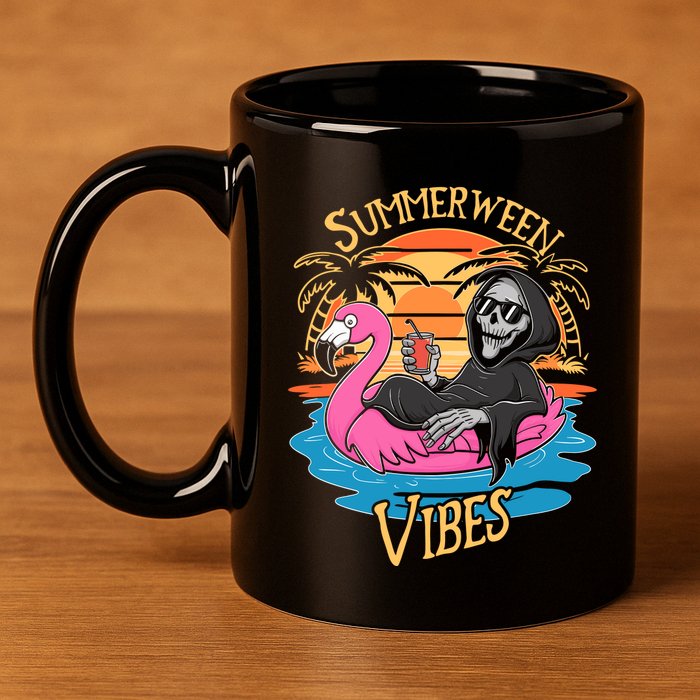 Summerween Vibes Skeleton Flamingo Spooky Halloween Summer 11oz C Handle Ceramic Mug