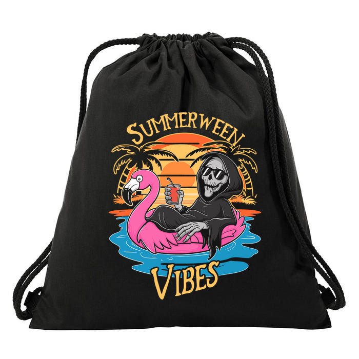 Summerween Vibes Skeleton Flamingo Spooky Halloween Summer Drawstring Bag