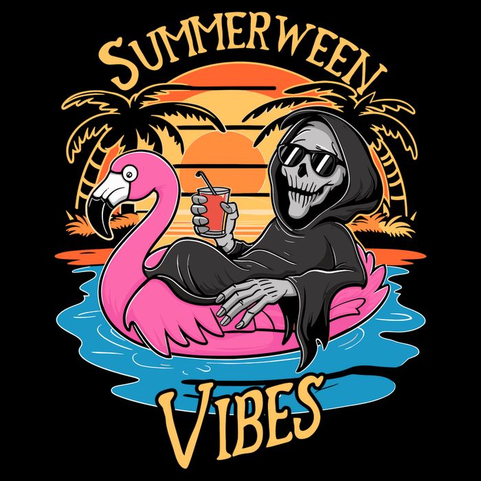 Summerween Vibes Skeleton Flamingo Spooky Halloween Summer Drawstring Bag