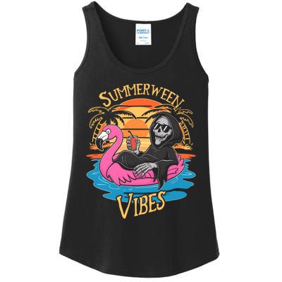 Summerween Vibes Skeleton Flamingo Spooky Halloween Summer Ladies Essential Tank