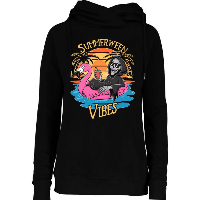 Summerween Vibes Skeleton Flamingo Spooky Halloween Summer Womens Funnel Neck Pullover Hood