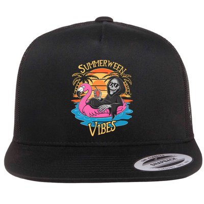 Summerween Vibes Skeleton Flamingo Spooky Halloween Summer Flatbill Hat