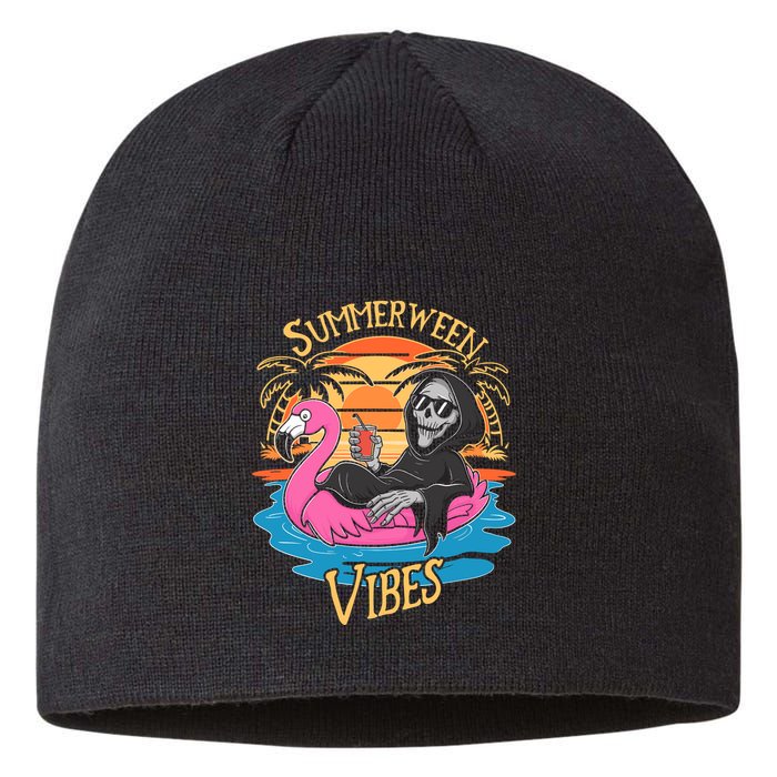 Summerween Vibes Skeleton Flamingo Spooky Halloween Summer Sustainable Beanie