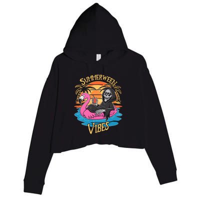 Summerween Vibes Skeleton Flamingo Spooky Halloween Summer Crop Fleece Hoodie