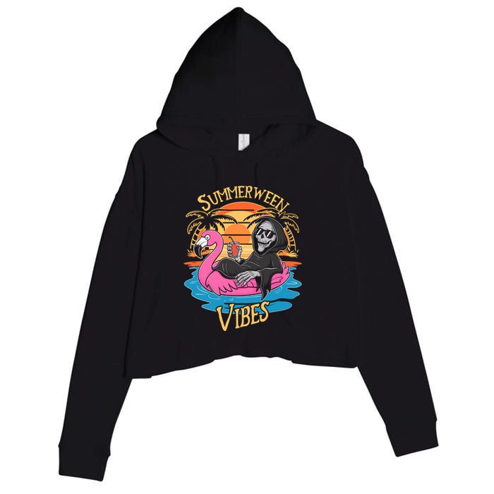 Summerween Vibes Skeleton Flamingo Spooky Halloween Summer Crop Fleece Hoodie