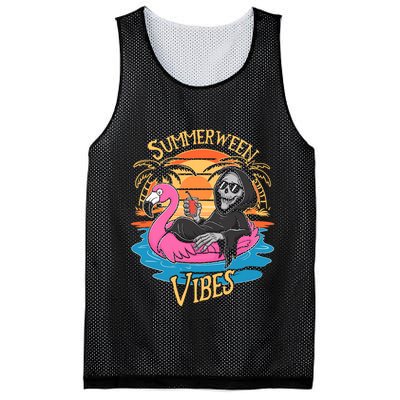 Summerween Vibes Skeleton Flamingo Spooky Halloween Summer Mesh Reversible Basketball Jersey Tank