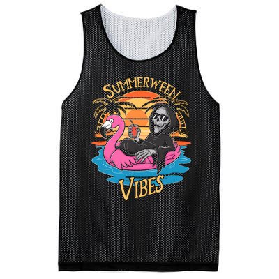 Summerween Vibes Skeleton Flamingo Spooky Halloween Summer Mesh Reversible Basketball Jersey Tank