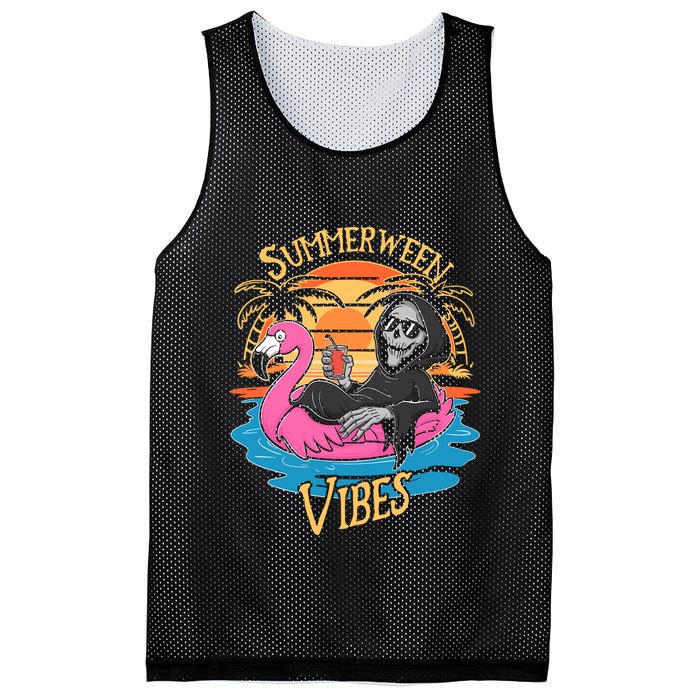 Summerween Vibes Skeleton Flamingo Spooky Halloween Summer Mesh Reversible Basketball Jersey Tank