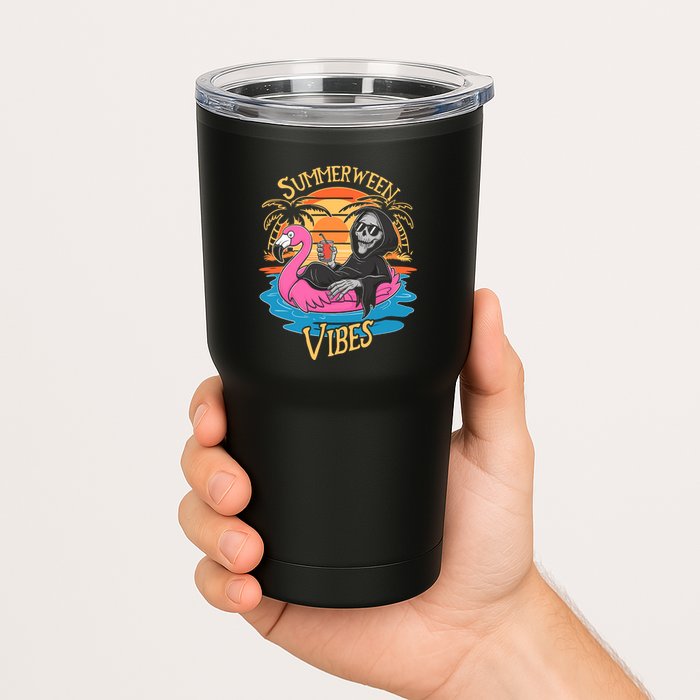 Summerween Vibes Skeleton Flamingo Spooky Halloween Summer Tumbler