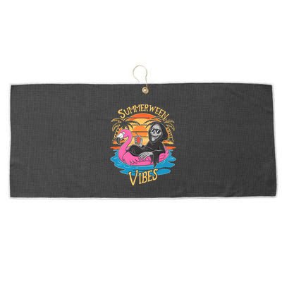 Summerween Vibes Skeleton Flamingo Spooky Halloween Summer Large Microfiber Waffle Golf Towel