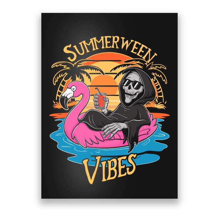 Summerween Vibes Skeleton Flamingo Spooky Halloween Summer Poster