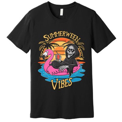 Summerween Vibes Skeleton Flamingo Spooky Halloween Summer Premium T-Shirt