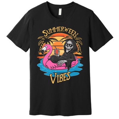 Summerween Vibes Skeleton Flamingo Spooky Halloween Summer Premium T-Shirt