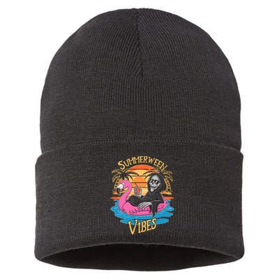 Summerween Vibes Skeleton Flamingo Spooky Halloween Summer Sustainable Knit Beanie