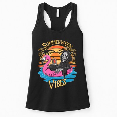Summerween Vibes Skeleton Flamingo Spooky Halloween Summer Womens Tank Top