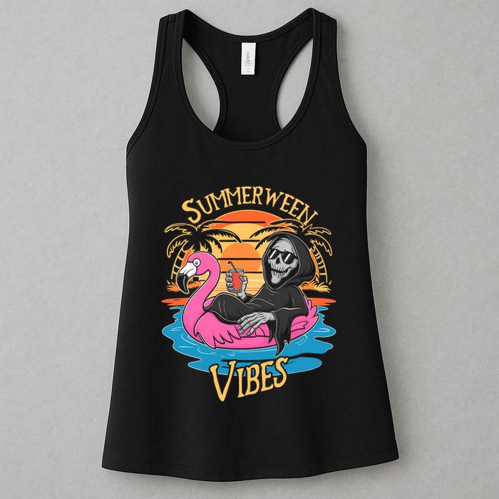 Summerween Vibes Skeleton Flamingo Spooky Halloween Summer Womens Tank Top