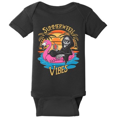 Summerween Vibes Skeleton Flamingo Spooky Halloween Summer Baby Bodysuit