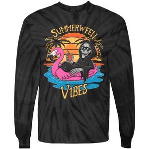 Summerween Vibes Skeleton Flamingo Spooky Halloween Summer Tie-Dye Long Sleeve Shirt