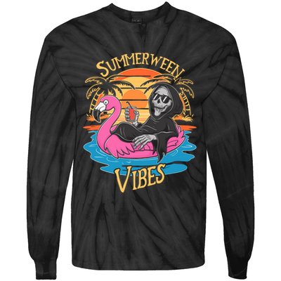 Summerween Vibes Skeleton Flamingo Spooky Halloween Summer Tie-Dye Long Sleeve Shirt