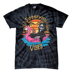 Summerween Vibes Skeleton Flamingo Spooky Halloween Summer Tie-Dye T-Shirt