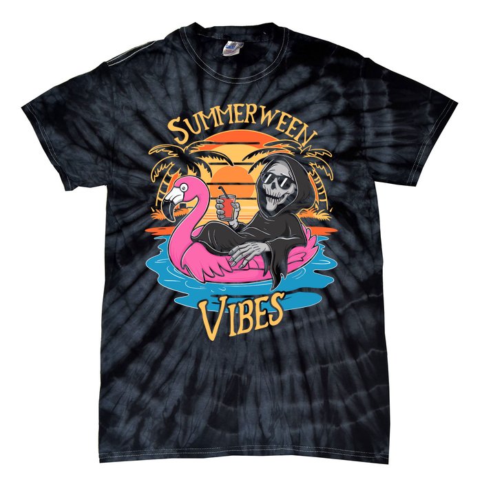 Summerween Vibes Skeleton Flamingo Spooky Halloween Summer Tie-Dye T-Shirt