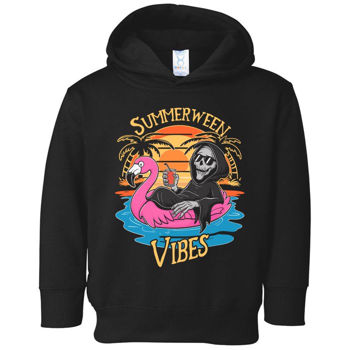 Summerween Vibes Skeleton Flamingo Spooky Halloween Summer Toddler Hoodie