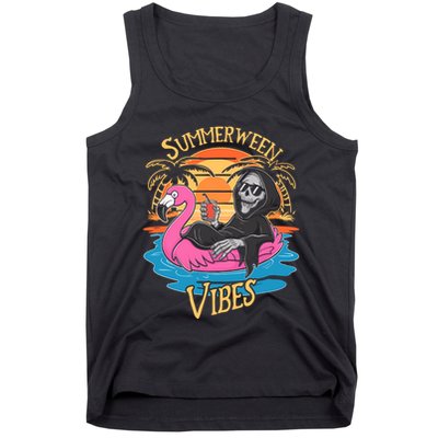 Summerween Vibes Skeleton Flamingo Spooky Halloween Summer Tank Top