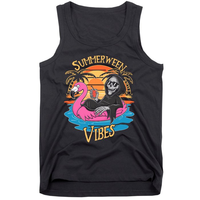 Summerween Vibes Skeleton Flamingo Spooky Halloween Summer Tank Top