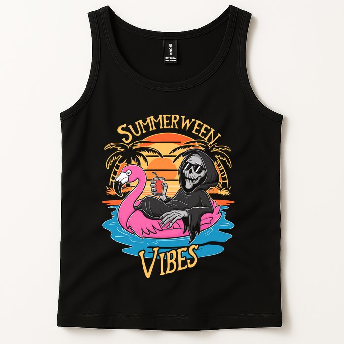 Summerween Vibes Skeleton Flamingo Spooky Halloween Summer Tank Top