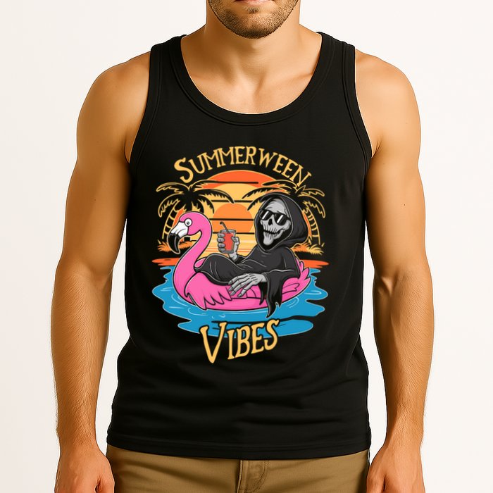 Summerween Vibes Skeleton Flamingo Spooky Halloween Summer Tank Top