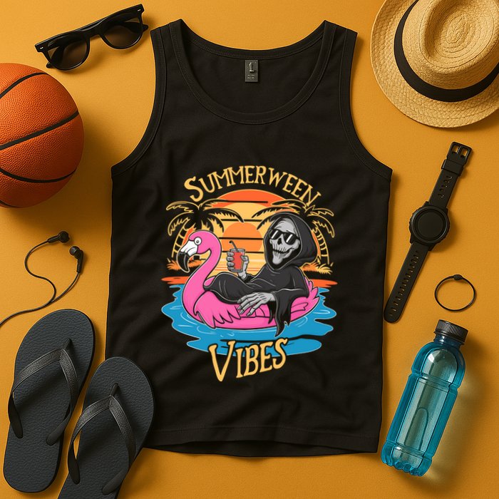 Summerween Vibes Skeleton Flamingo Spooky Halloween Summer Tank Top