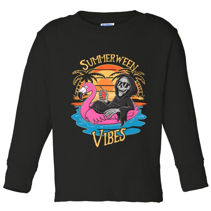 Summerween Vibes Skeleton Flamingo Spooky Halloween Summer Toddler Long Sleeve Shirt
