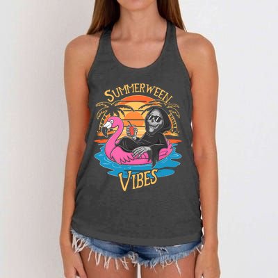 Summerween Vibes Skeleton Flamingo Spooky Halloween Summer Women's Knotted Racerback Tank