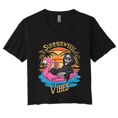Summerween Vibes Skeleton Flamingo Spooky Halloween Summer Crop Top