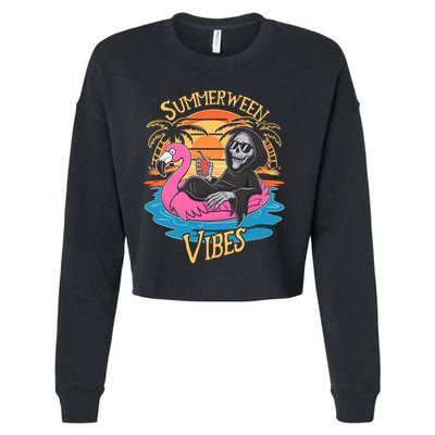Summerween Vibes Skeleton Flamingo Spooky Halloween Summer Cropped Pullover Crew