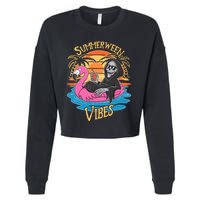 Summerween Vibes Skeleton Flamingo Spooky Halloween Summer Cropped Pullover Crew