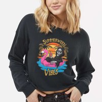 Summerween Vibes Skeleton Flamingo Spooky Halloween Summer Cropped Pullover Crew
