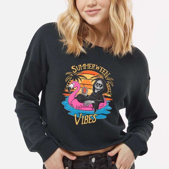 Summerween Vibes Skeleton Flamingo Spooky Halloween Summer Cropped Pullover Crew