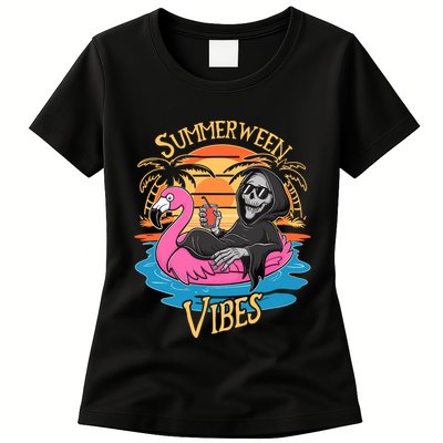 Summerween Vibes Skeleton Flamingo Spooky Halloween Summer Womens T-Shirt