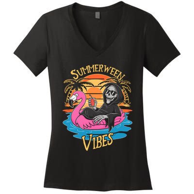 Summerween Vibes Skeleton Flamingo Spooky Halloween Summer Women's V-Neck T-Shirt