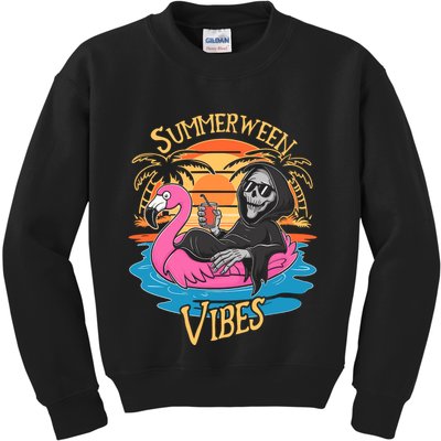 Summerween Vibes Skeleton Flamingo Spooky Halloween Summer Kids Sweatshirt